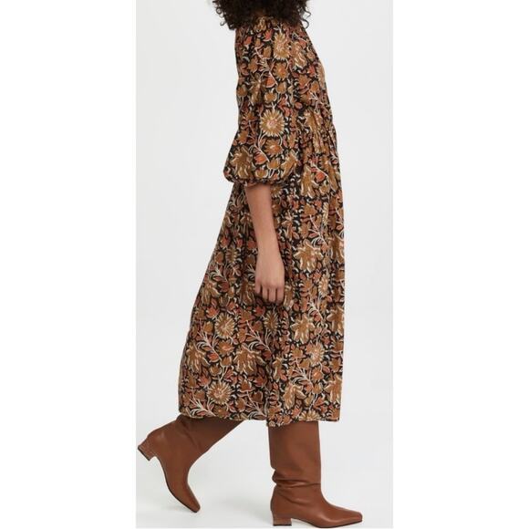 Mille Celeste 100% Midi Dress Sunset Floral Block Print Brown M - Picture 3 of 9